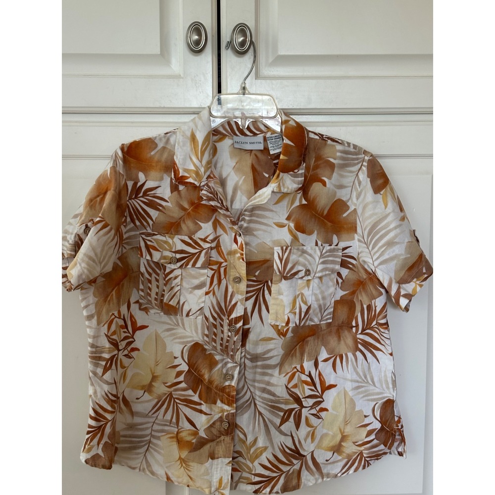 Jaclyn Smith Women XL Linen Blend Tropical Palm Leaf Button Down Shirt Brown Tan